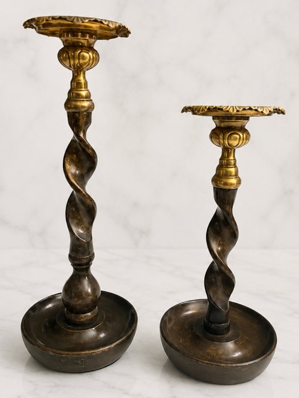 Maitland Smith Barley Twist Brass & Bronze Candle Holders Set Taper Candlesticks
